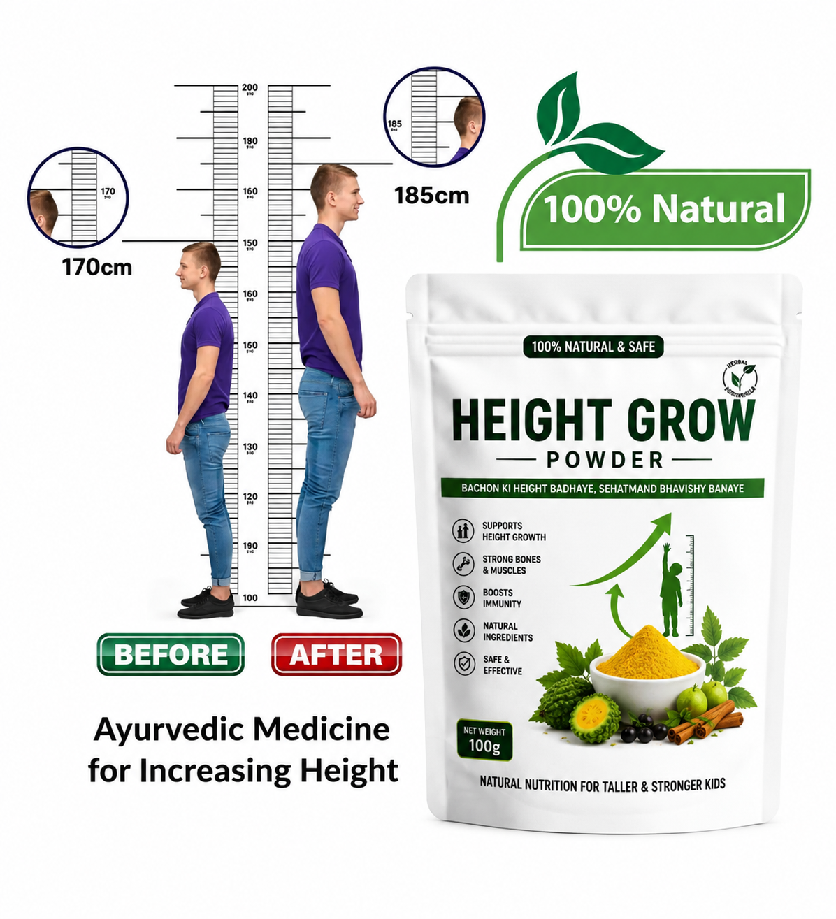 Natural Height Grow Powder (3–5) Inch Growth - Herbal, Safe, and Clinically Tested (Premium)